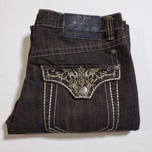 Delf Jeans Mens 36x34 Brown Embroidered Pockets Contrast Stitch Straight